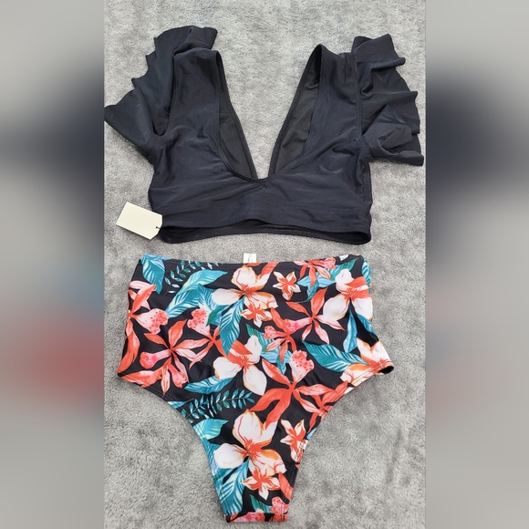 SPORLIKE NWT Ruffle High Waisted Swimsuit Two Pieces Push Up Bikini Size Large - Picture 2 of 6
